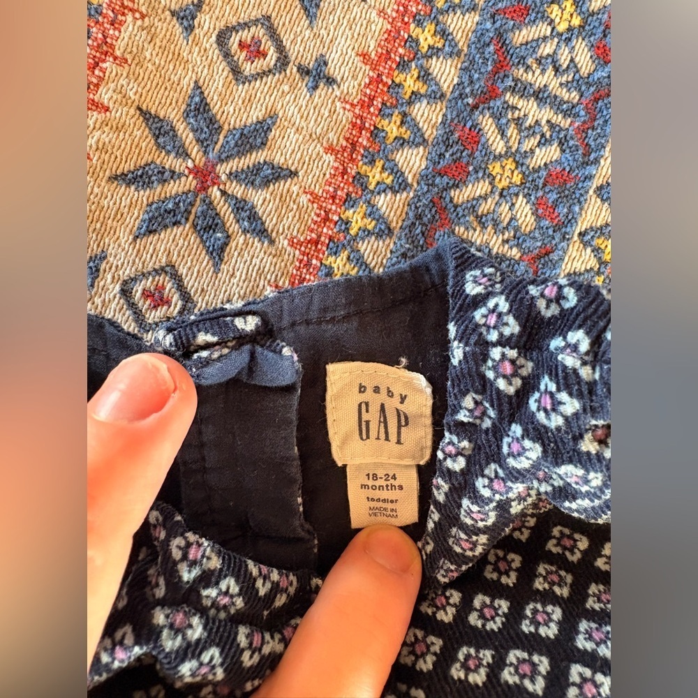 BABY GAP Navy White Corduroy Ribbed Floral Sleevless Button Toddler Dress 18-24M - Picture 2 of 7
